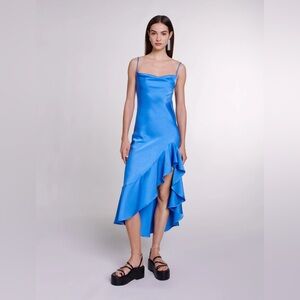 Maje Asymmetric Satin-Effect Maxi Dress in Blue